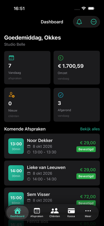 Het dashboard van de AuraZenix-app: begroeting, afspraken vandaag, omzet, nieuwe cliënten, afgeronde afspraken en de komende afspraken.