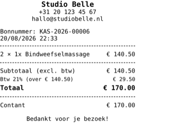 Een echte kassabon uit AuraZenix: bonnummer KAS-2026-00006, een regel met aantal en prijs, btw-uitsplitsing, totaal en contante betaling.