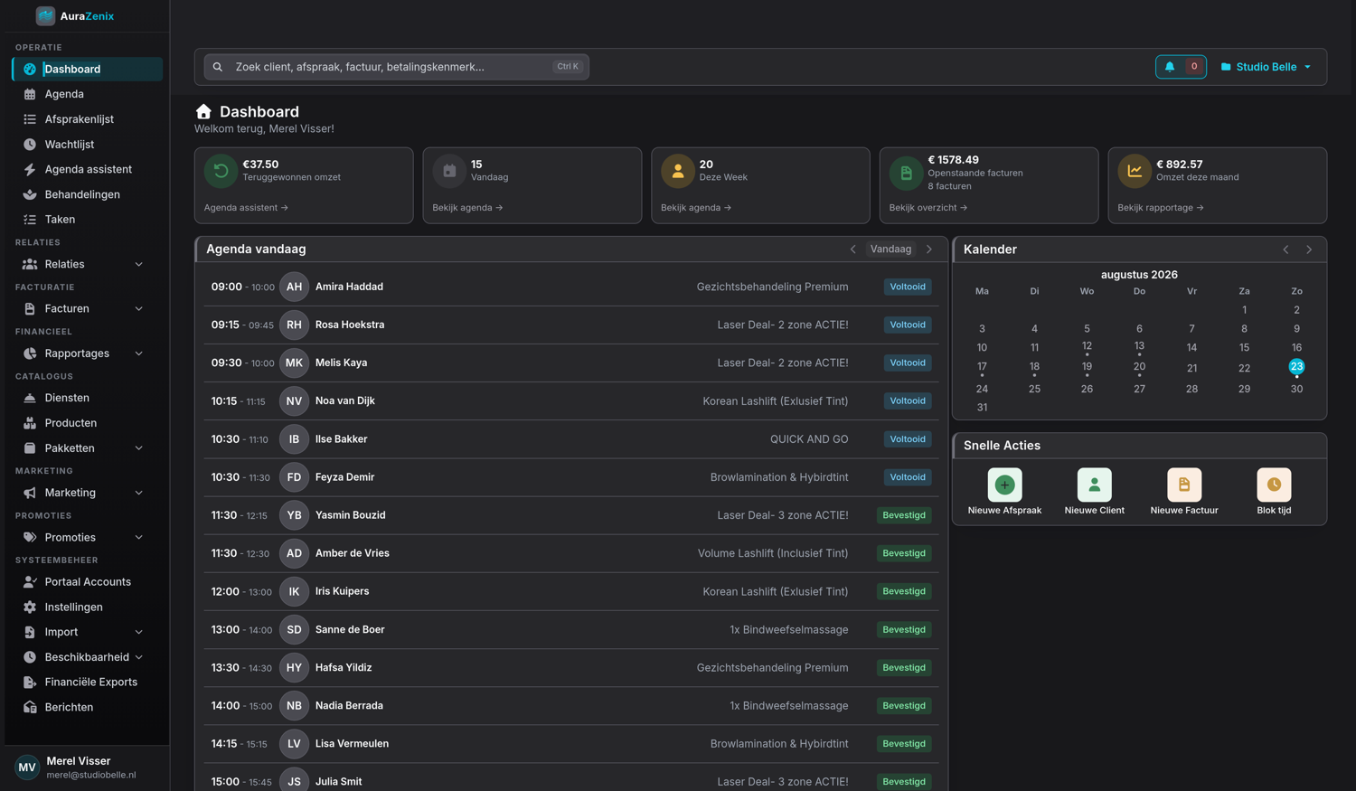 Het dashboard van AuraZenix met omzet deze maand, openstaande facturen en de agenda van vandaag.