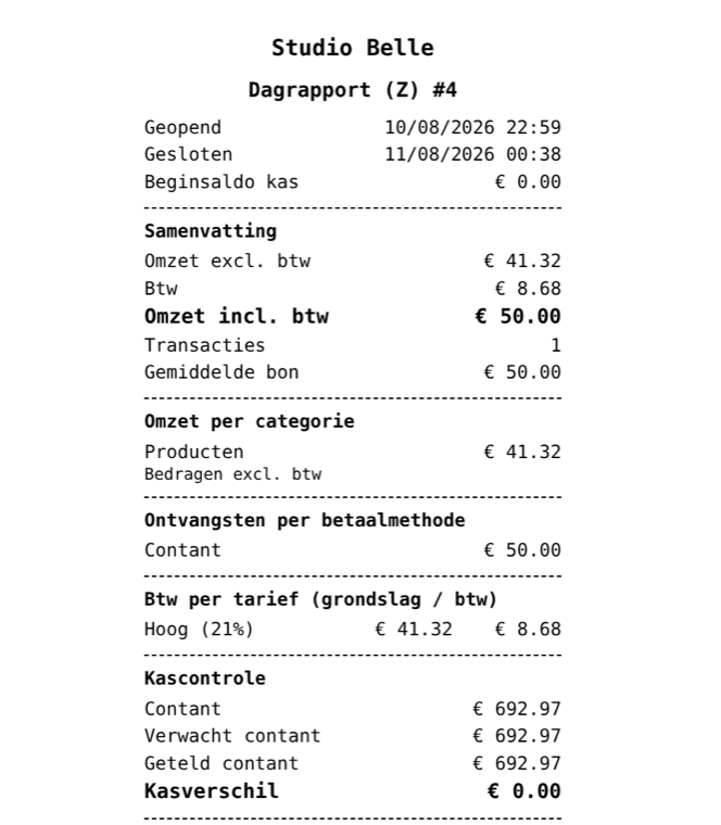 Het Z-dagrapport van AuraZenix: omzet exclusief en inclusief btw, btw per tarief, kascontrole met kasverschil nul, en wie de kassa opende en sloot.